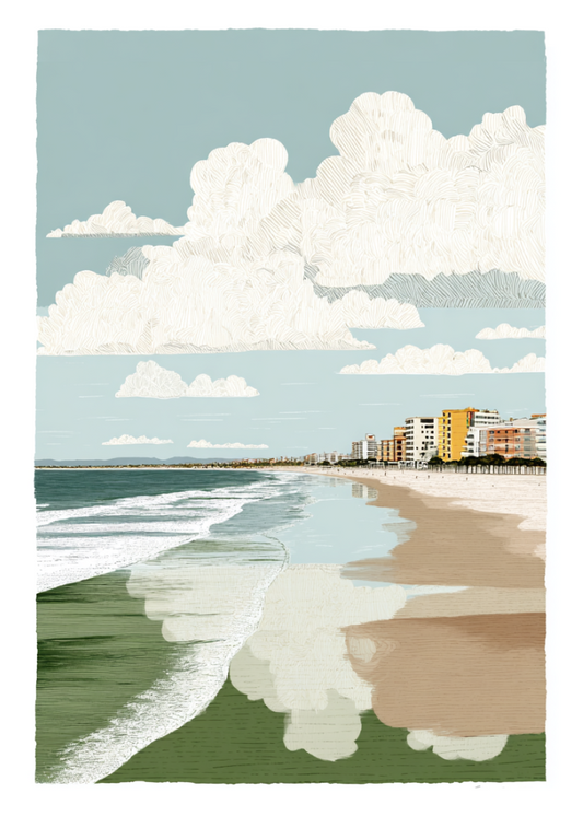Beach scene with ocean, sand, and buildings under a blue sky with clouds.