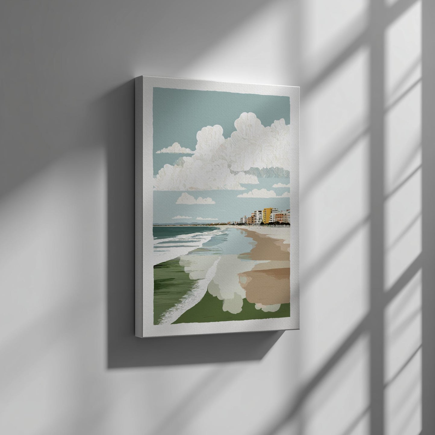 Canvas artwork of a beach scene with buildings on a wall with sunlight casting shadows.