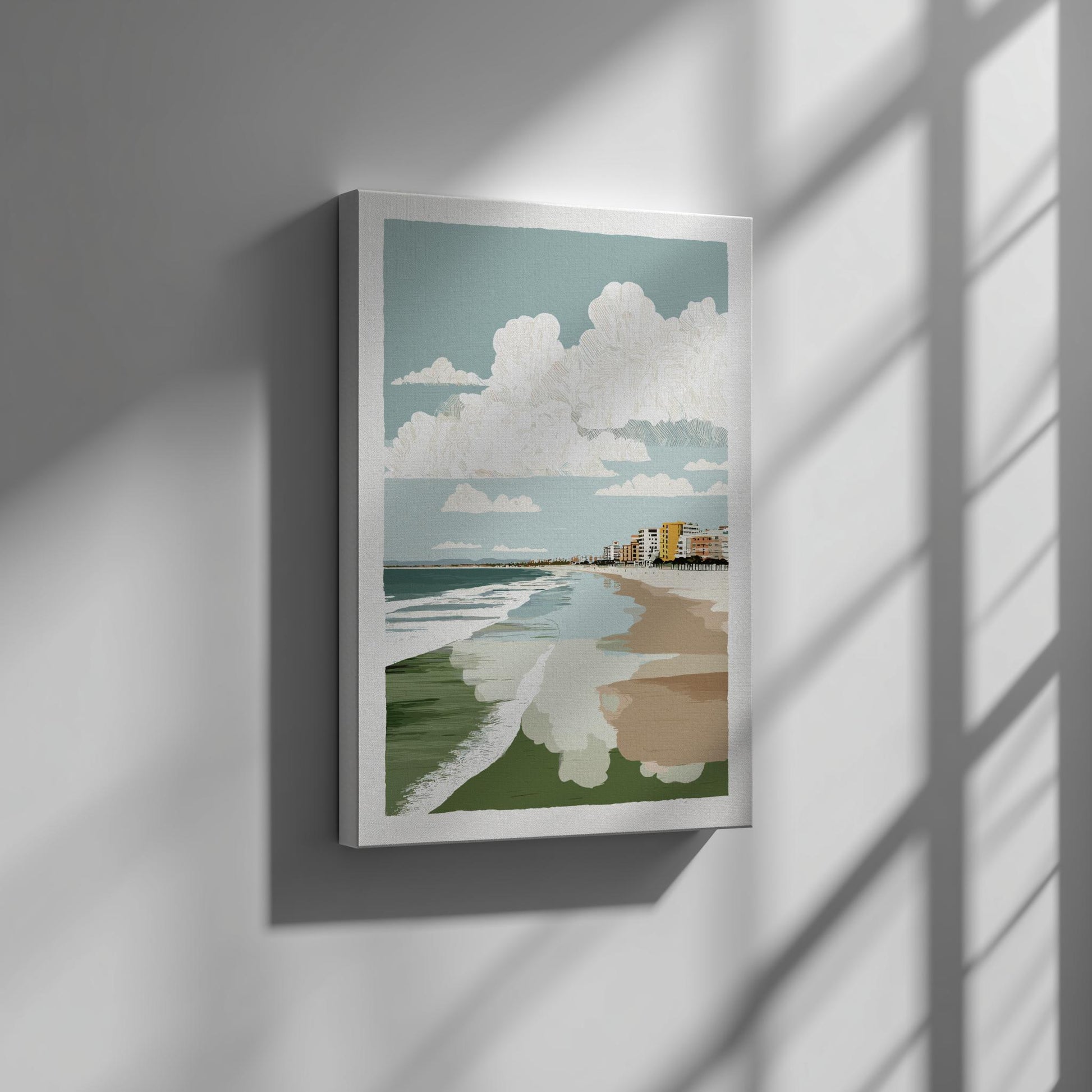 Canvas artwork of a beach scene with buildings on a wall with sunlight casting shadows.