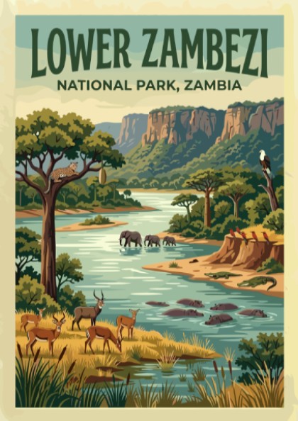 Lower Zambezi National Park poster featuring wildlife and lush landscapes in vibrant colors