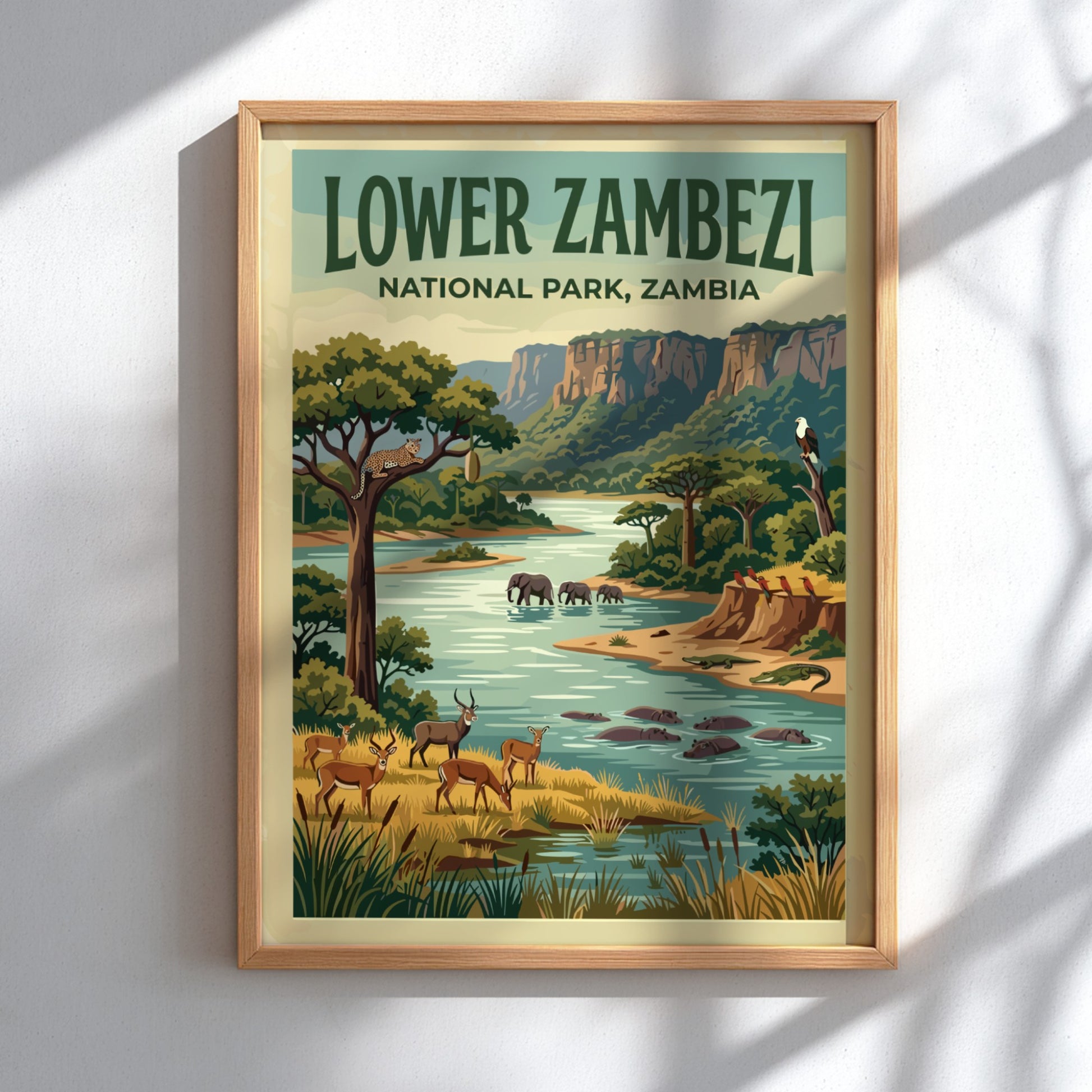 Lower Zambezi National Park poster featuring wildlife and lush landscapes in vibrant colors