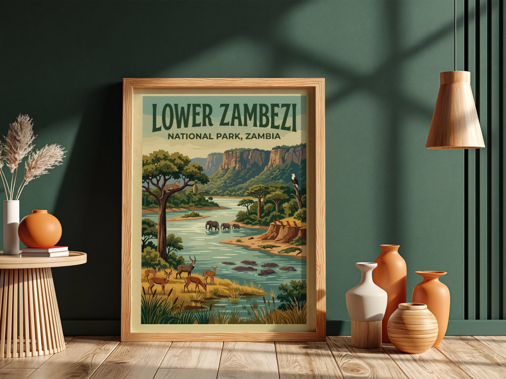Lower Zambezi National Park poster featuring wildlife and lush landscapes in vibrant colors