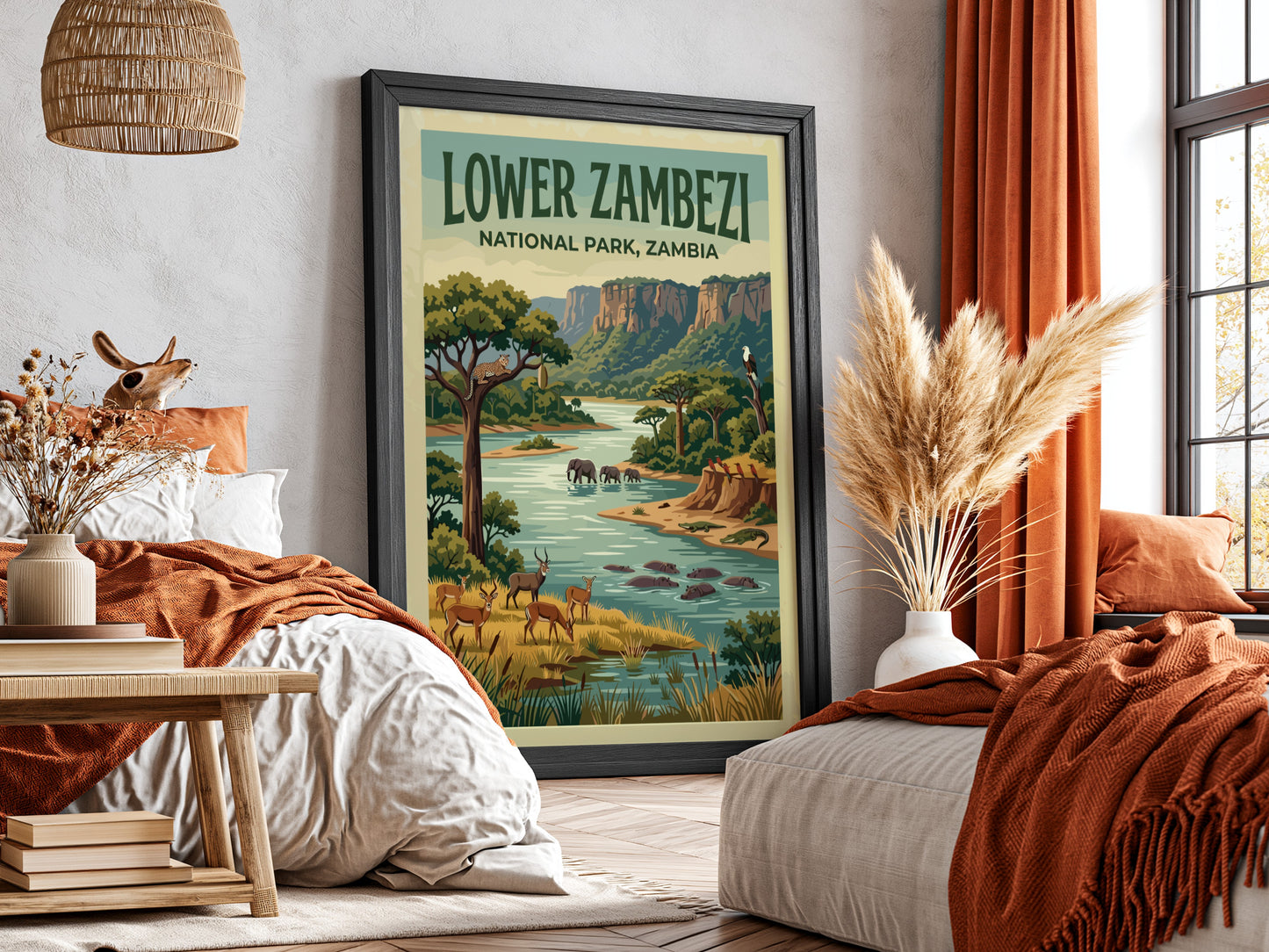 Lower Zambezi National Park poster featuring wildlife and lush landscapes in vibrant colors