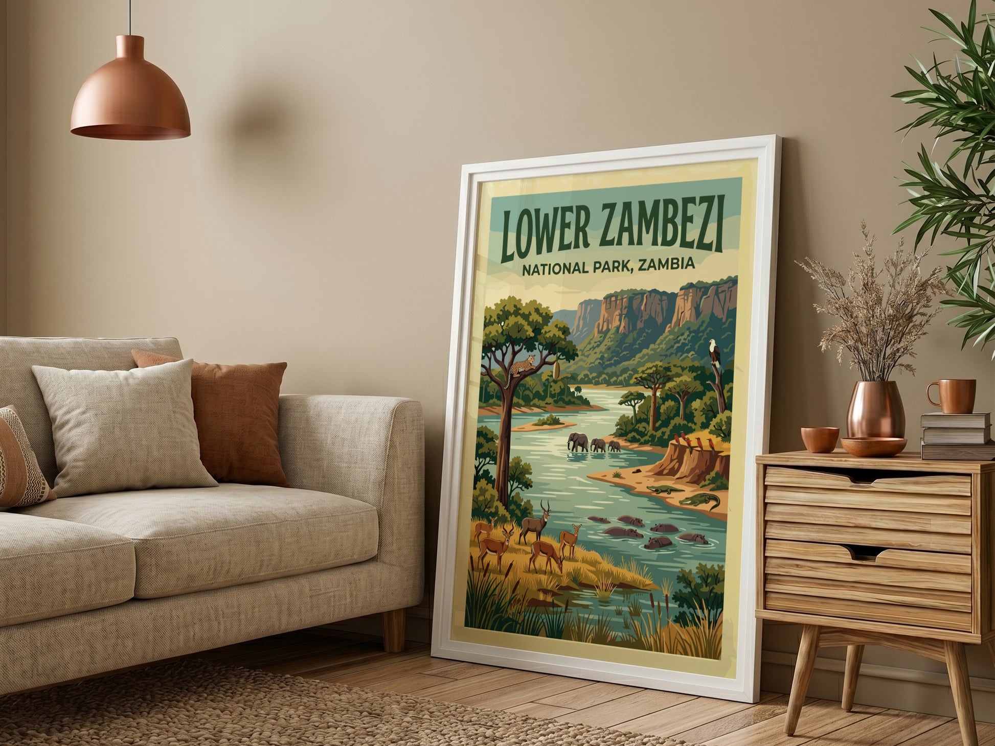 Lower Zambezi National Park poster featuring wildlife and lush landscapes in vibrant colors