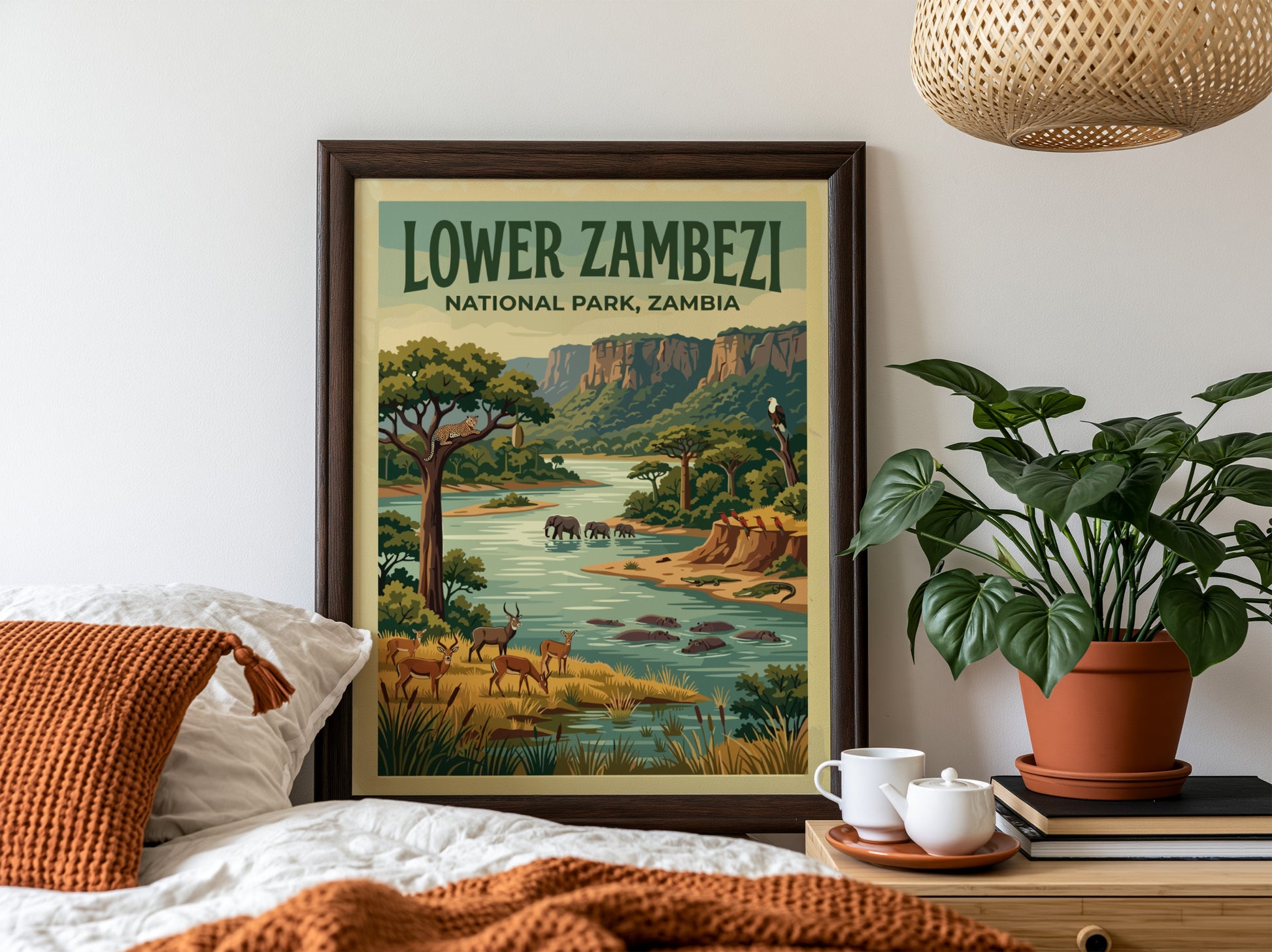Lower Zambezi National Park poster featuring wildlife and lush landscapes in vibrant colors