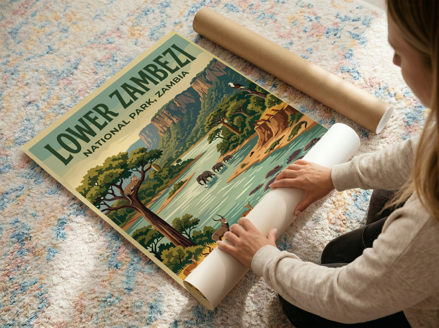 Lower Zambezi National Park poster featuring wildlife and lush landscapes in vibrant colors
