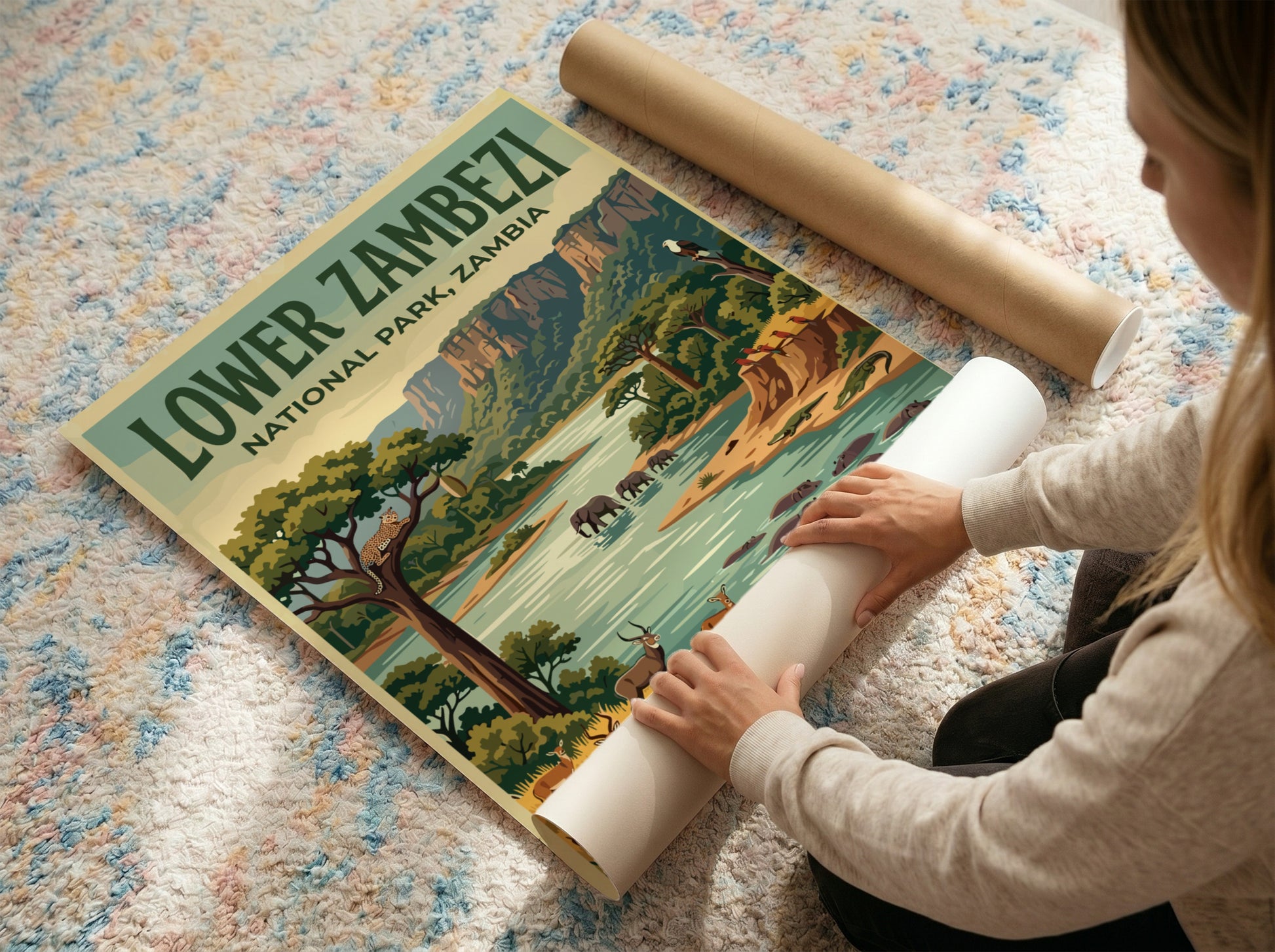 Lower Zambezi National Park poster featuring wildlife and lush landscapes in vibrant colors