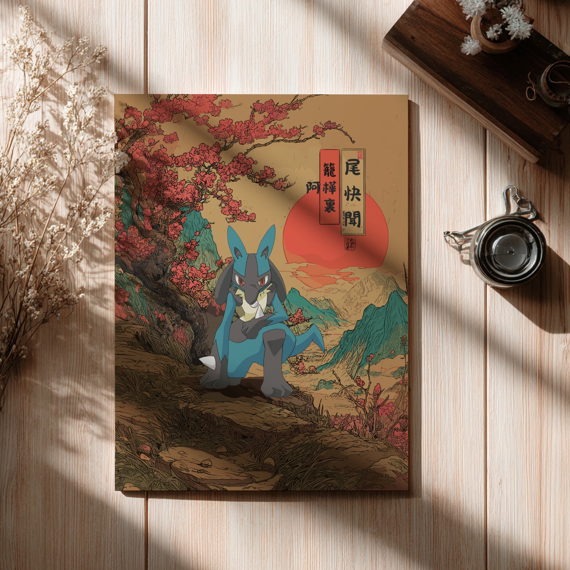 Canvas print with a stylized illustration of Lucario Pokemon character in a natural setting, featuring cherry blossoms and a red sun, on a wooden surface.
