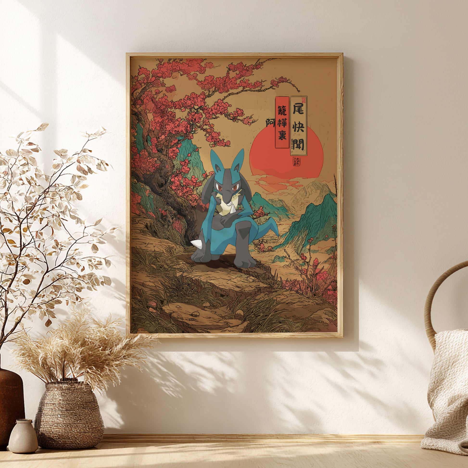 Framed artwork with Lucario Pokemon and cherry blossoms on a wall.