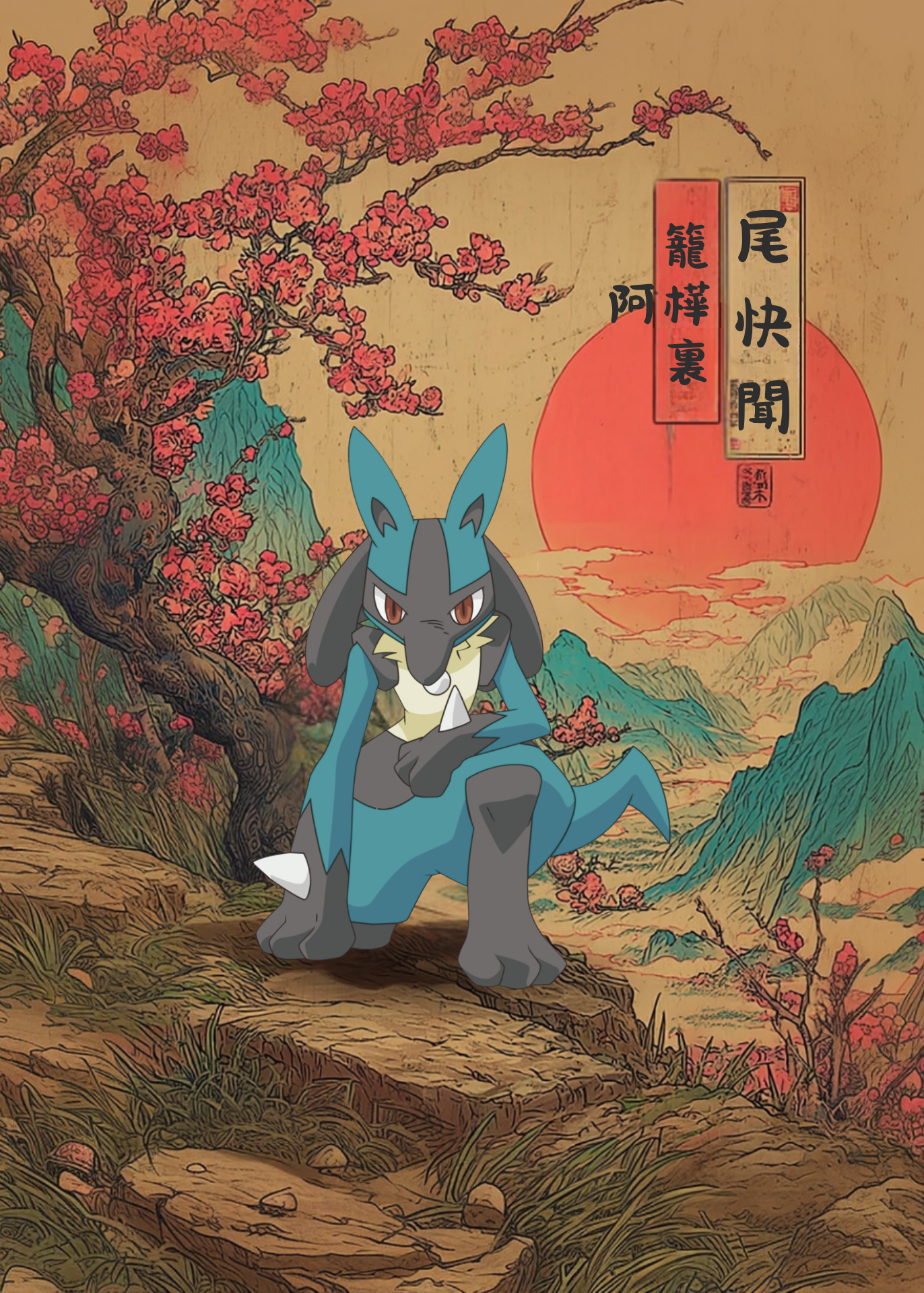 Lucario Pokemon character in a fantasy setting with cherry blossoms and mountains
