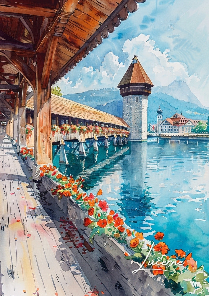 Europe LUCERNE TRAVEL POSTER - WATERCOLOUR ARTWORK