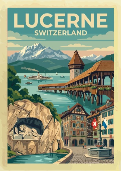 Travel poster of Lucerne Switzerland featuring the Chapel Bridge and snowy mountain peaks