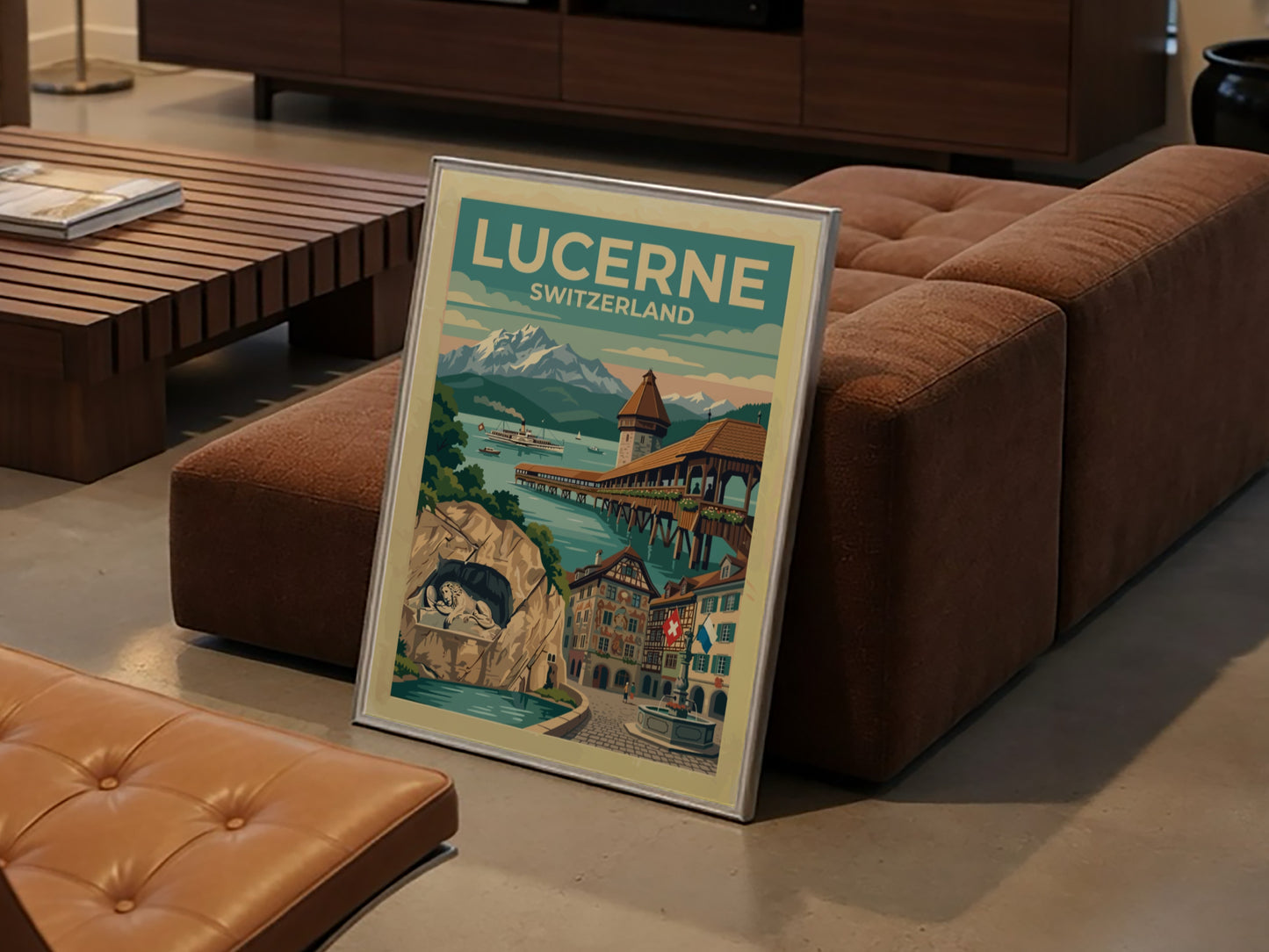 Travel poster of Lucerne Switzerland featuring the Chapel Bridge and snowy mountain peaks