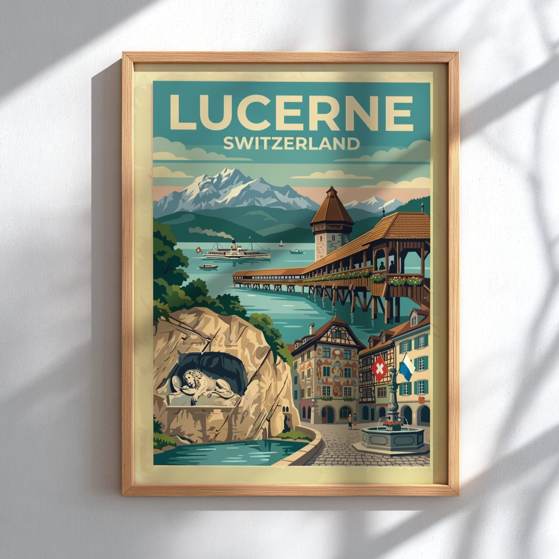 Travel poster of Lucerne Switzerland featuring the Chapel Bridge and snowy mountain peaks