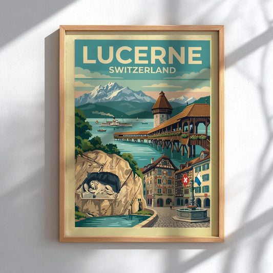 Travel poster of Lucerne Switzerland featuring the Chapel Bridge and snowy mountain peaks