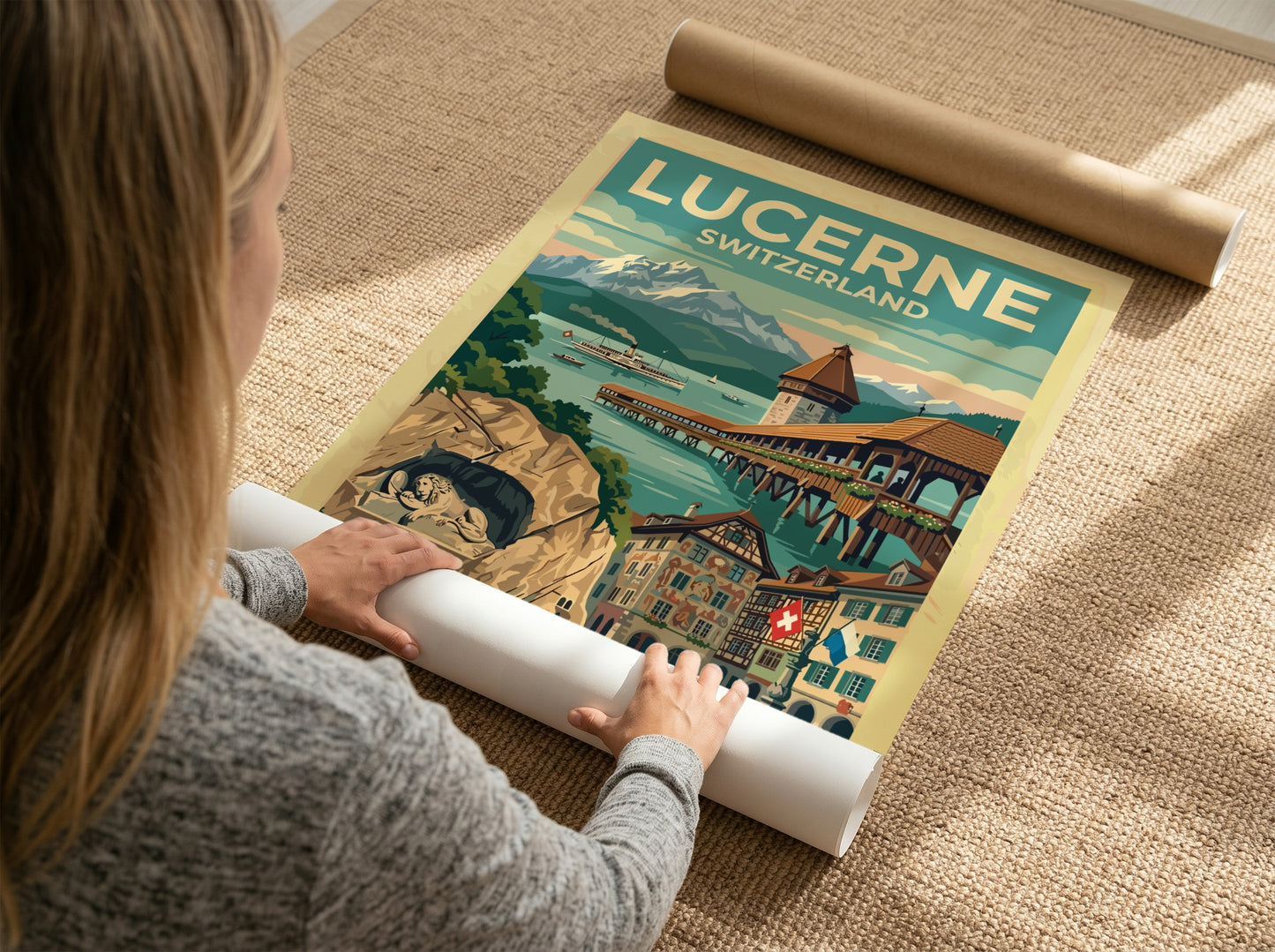 Travel poster of Lucerne Switzerland featuring the Chapel Bridge and snowy mountain peaks