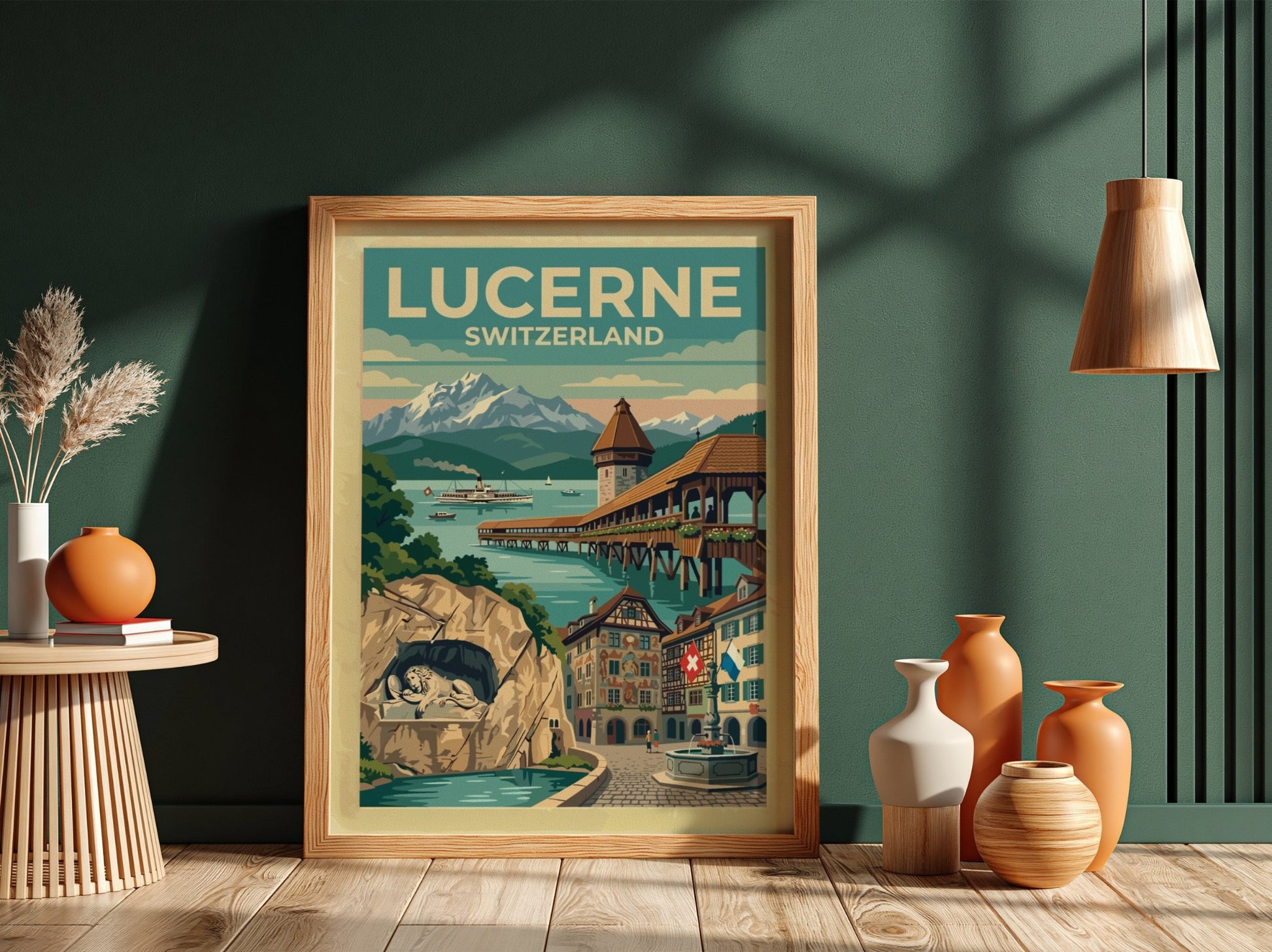 Travel poster of Lucerne Switzerland featuring the Chapel Bridge and snowy mountain peaks