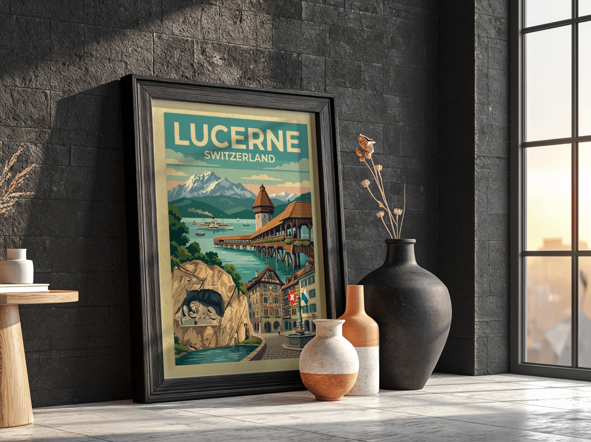Travel poster of Lucerne Switzerland featuring the Chapel Bridge and snowy mountain peaks