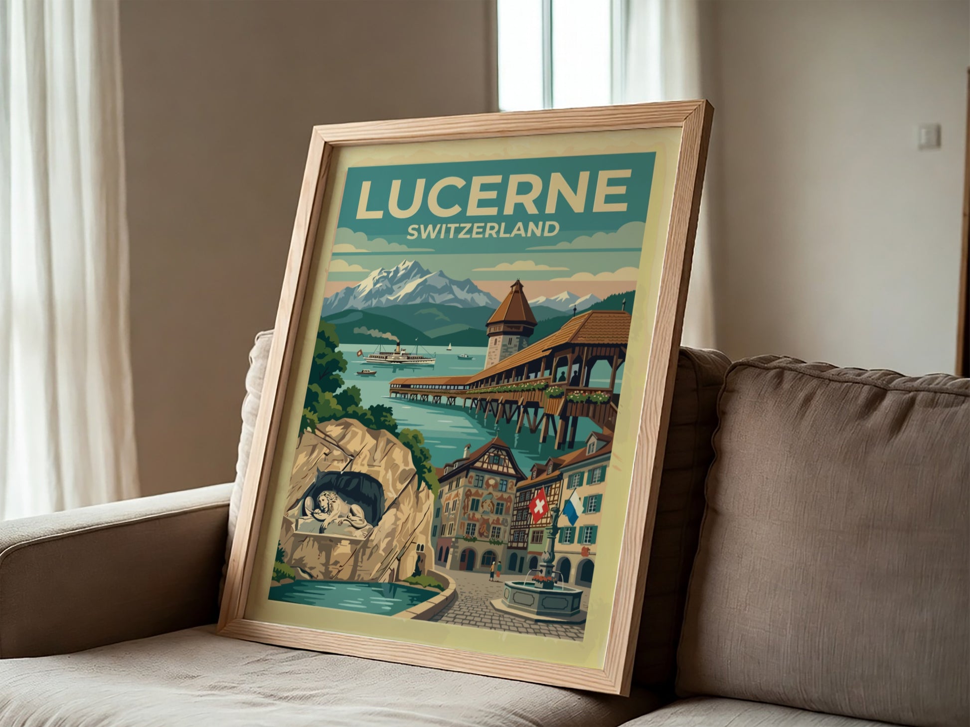 Travel poster of Lucerne Switzerland featuring the Chapel Bridge and snowy mountain peaks
