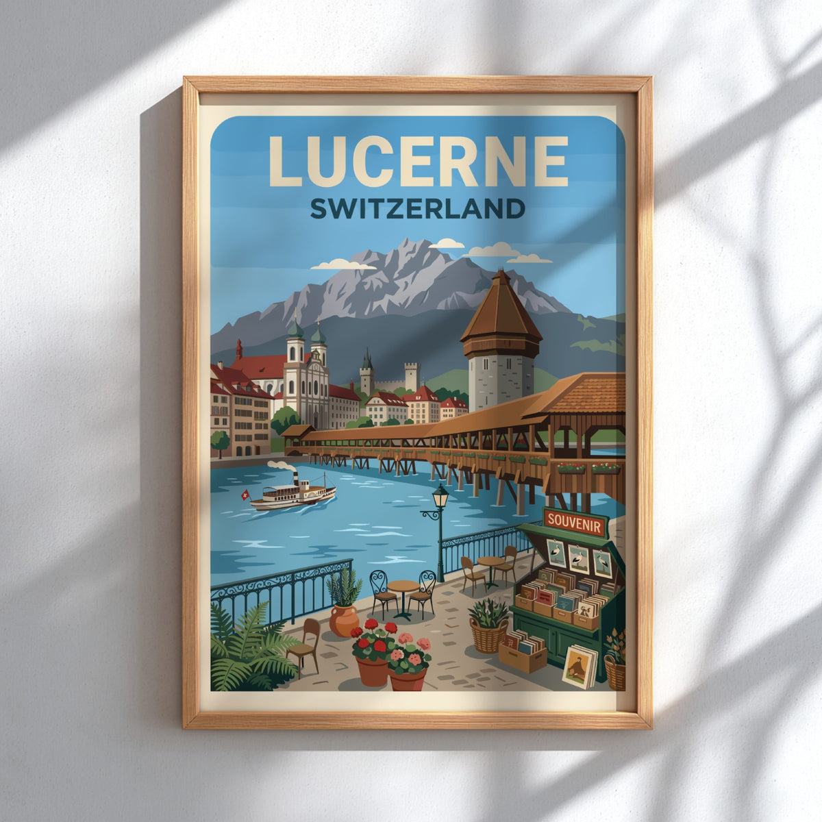 Lucerne Switzerland travel poster showing the wooden bridge, mountain peaks, and a cafe.