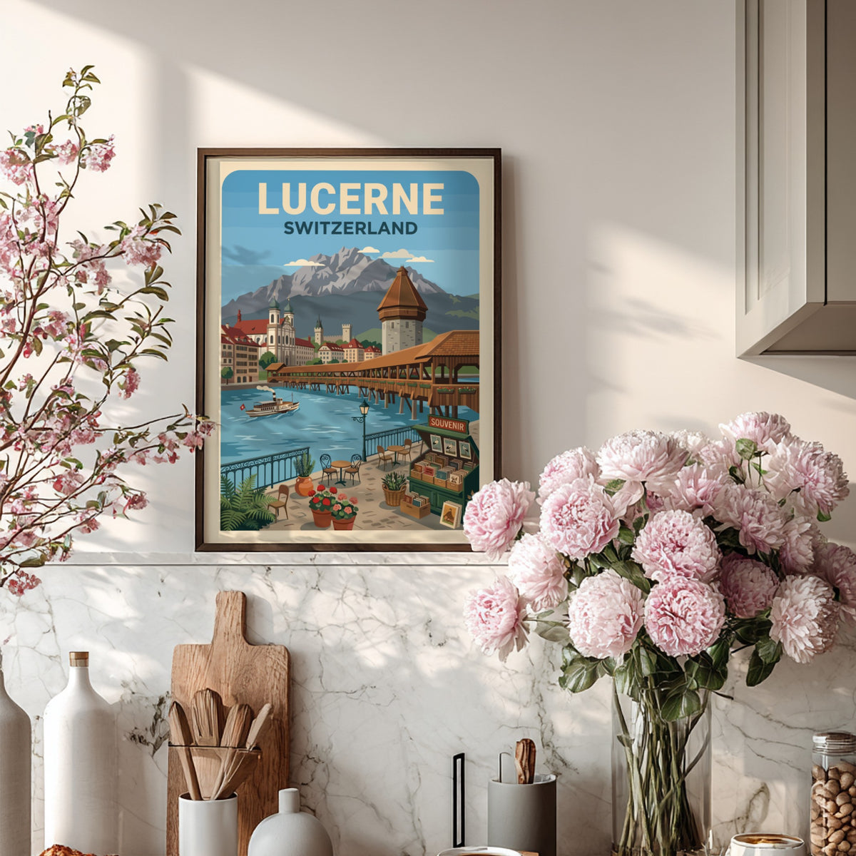 Lucerne Switzerland travel poster showing the wooden bridge, mountain peaks, and a cafe.