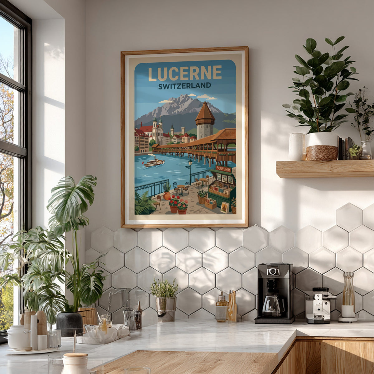 Lucerne Switzerland travel poster showing the wooden bridge, mountain peaks, and a cafe.