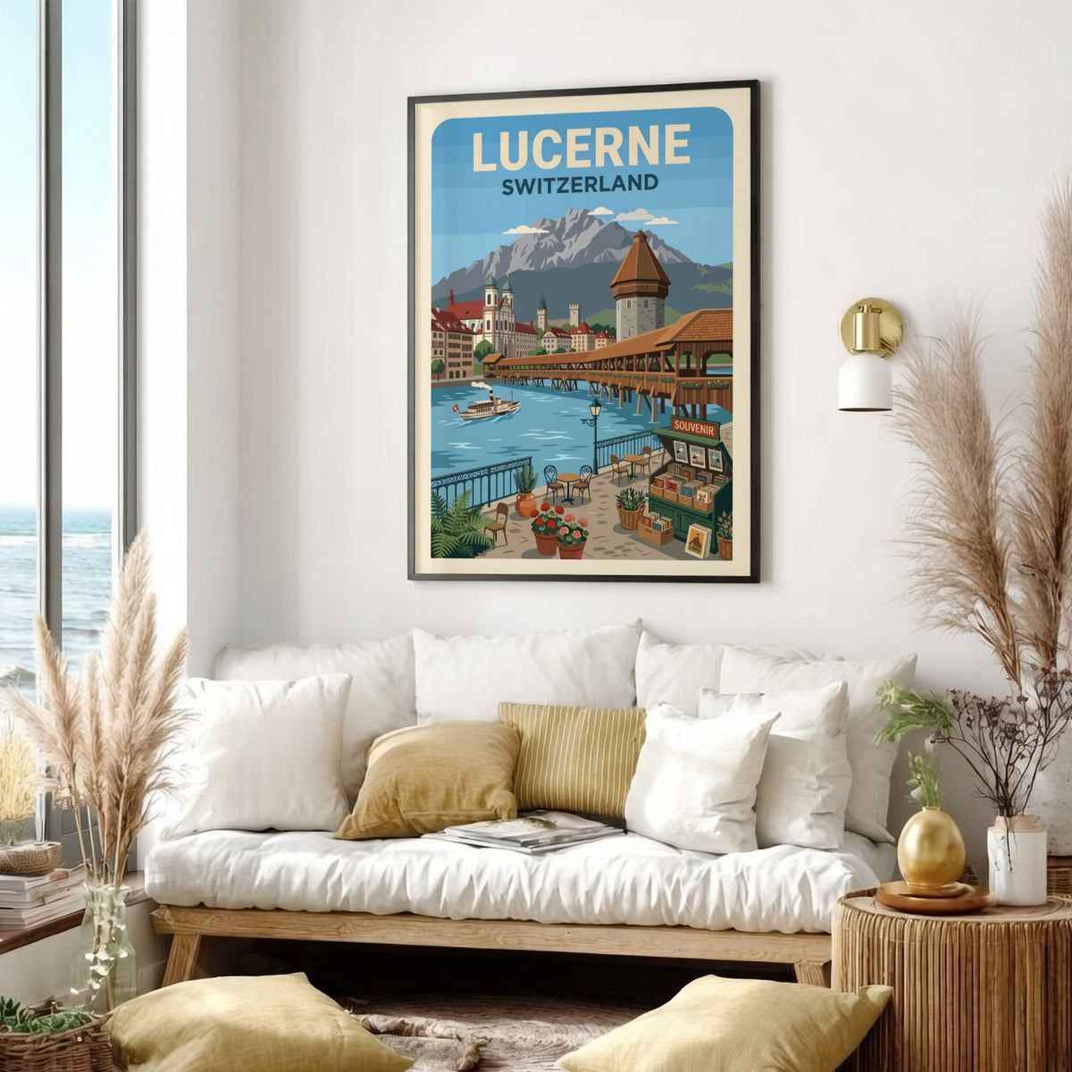 Lucerne Switzerland travel poster showing the wooden bridge, mountain peaks, and a cafe.