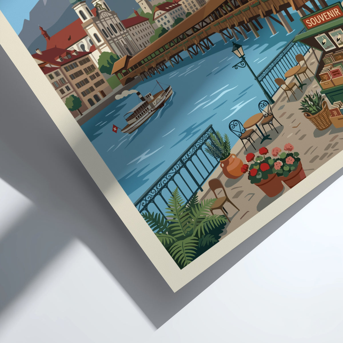 Lucerne Switzerland travel poster showing the wooden bridge, mountain peaks, and a cafe.