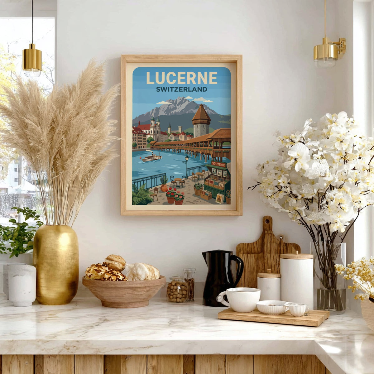 Lucerne Switzerland travel poster showing the wooden bridge, mountain peaks, and a cafe.