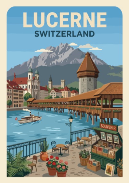 Lucerne Switzerland travel poster showing the wooden bridge, mountain peaks, and a cafe.