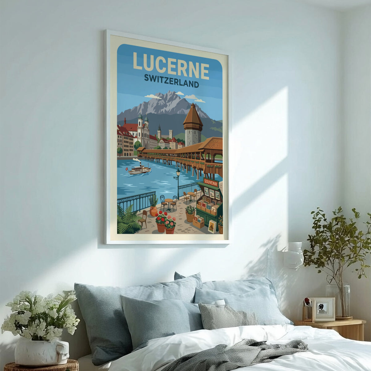 Lucerne Switzerland travel poster showing the wooden bridge, mountain peaks, and a cafe.
