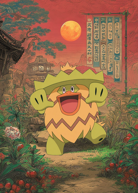 Ludicolo Pokemon character in a garden with a sunset and traditional Japanese architecture in the background