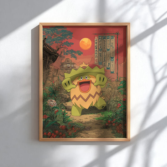 Framed artwork of Ludicolo Pokemon character in a garden setting with a wooden frame.