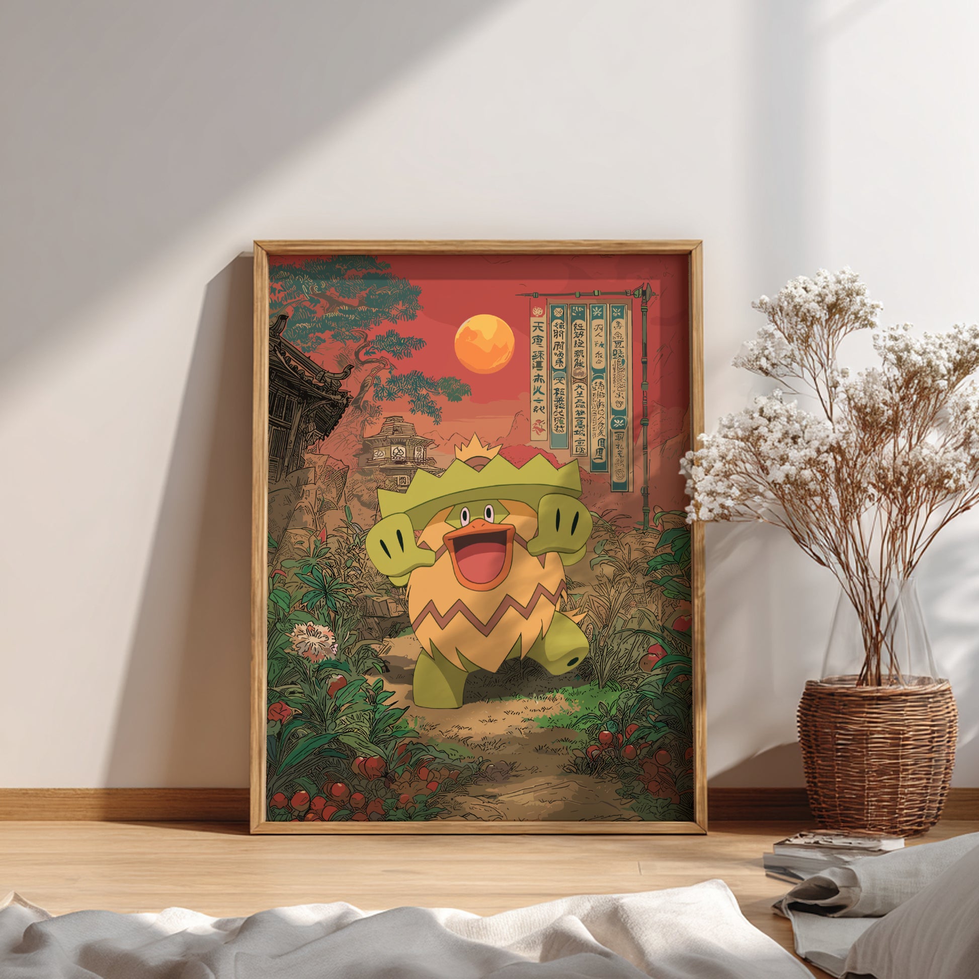 Framed artwork of Ludicolo Pokemon character in a scenic setting on a wall.