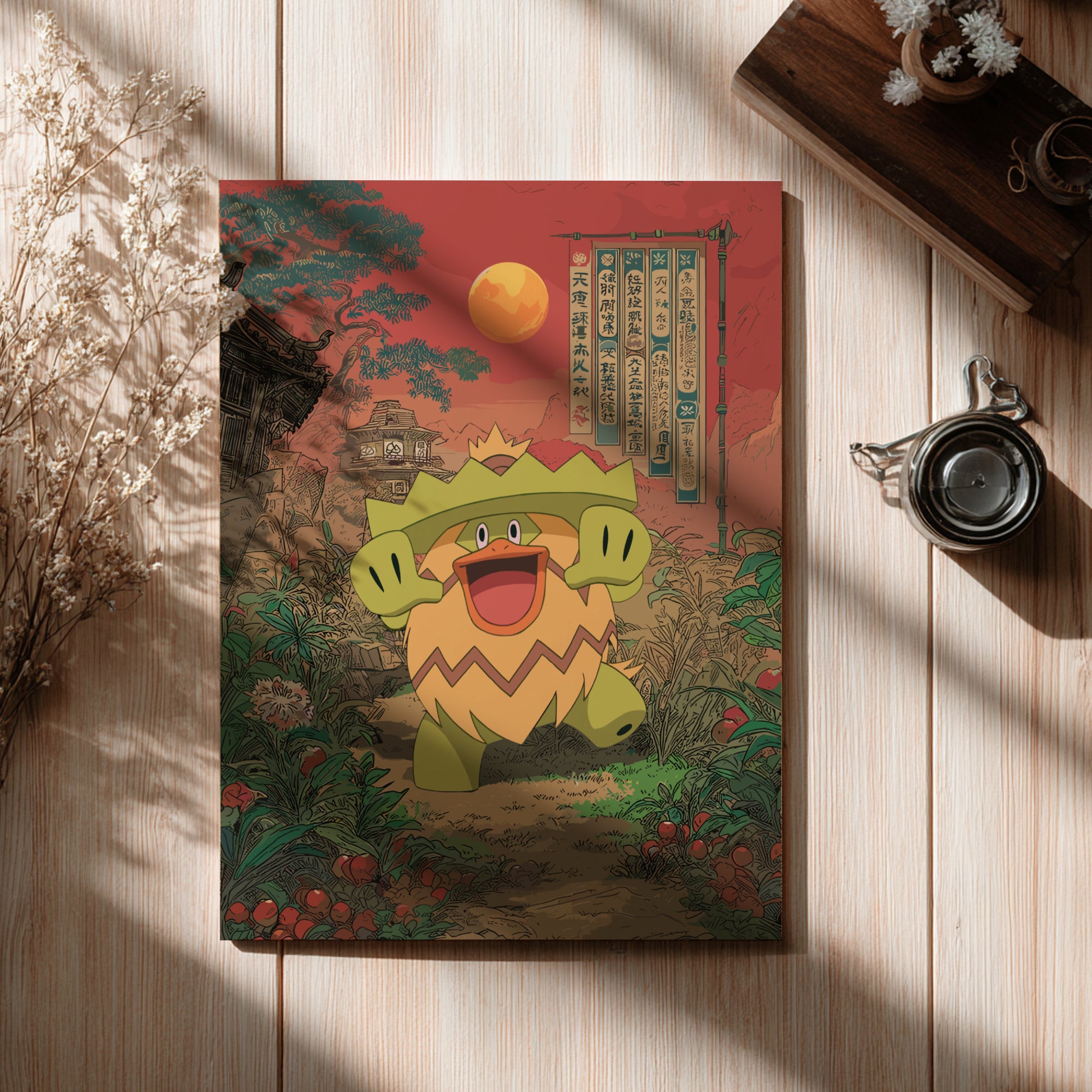 Poster with a colorful illustration of Ludicolo Pokemon character on a wooden surface