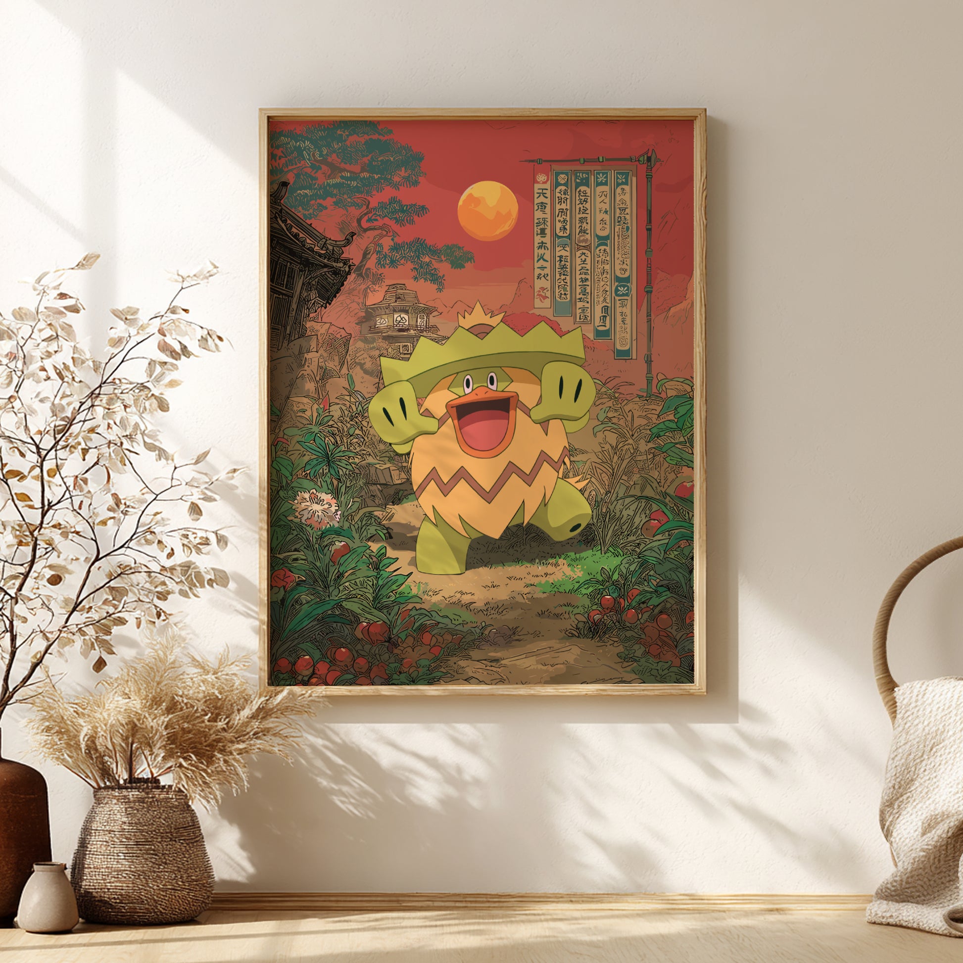 Framed artwork of Ludicolo Pokemon character in a scenic setting on a wall.