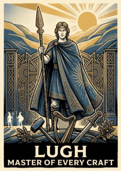 Poster of Lugh the Irish mythological hero holding a spear with golden sun background