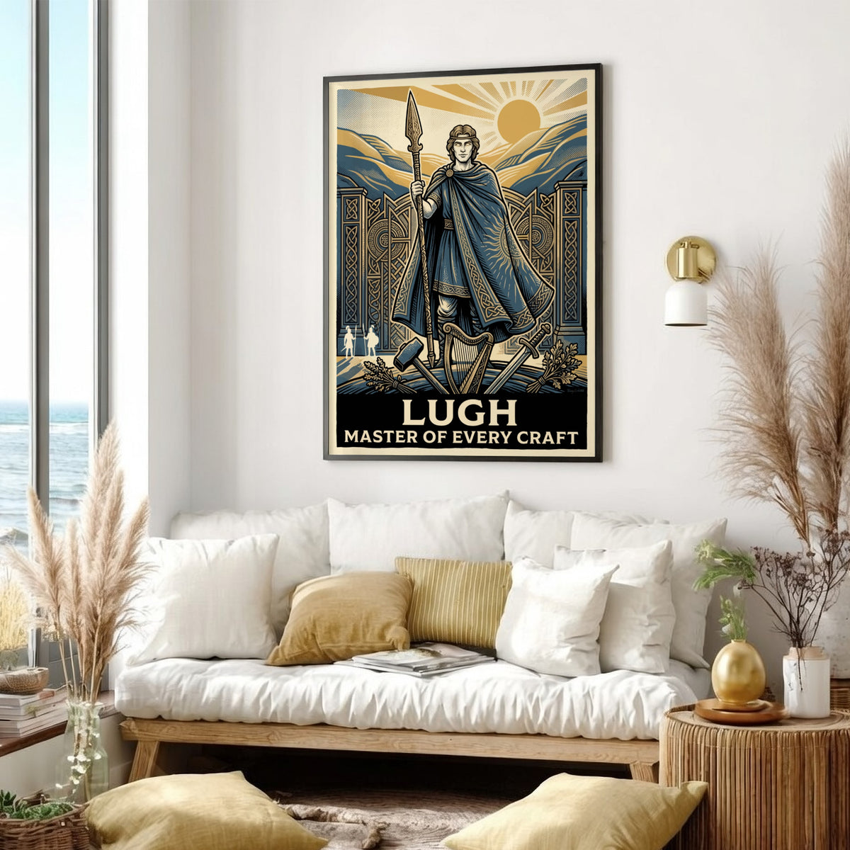 Poster of Lugh the Irish mythological hero holding a spear with golden sun background