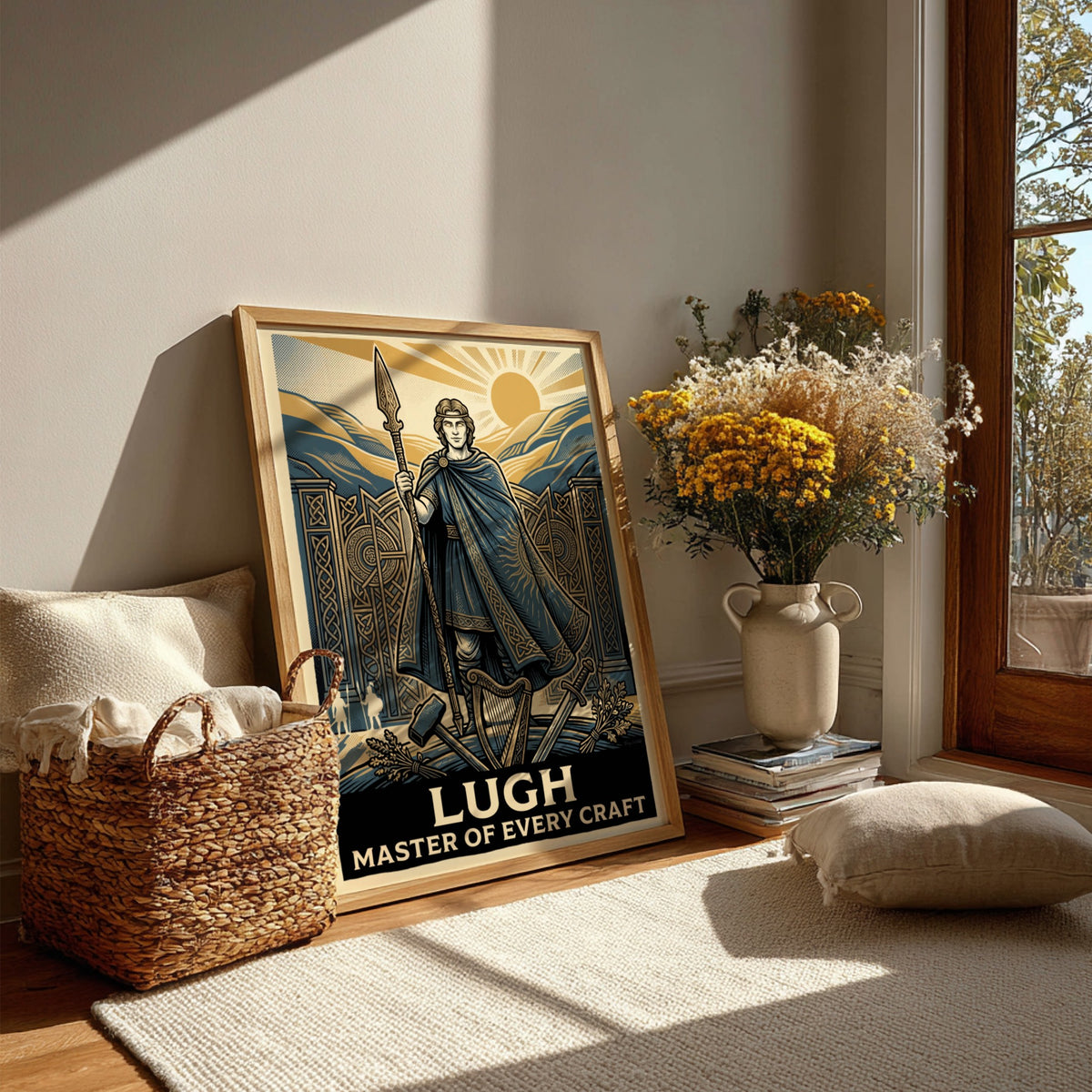 Poster of Lugh the Irish mythological hero holding a spear with golden sun background