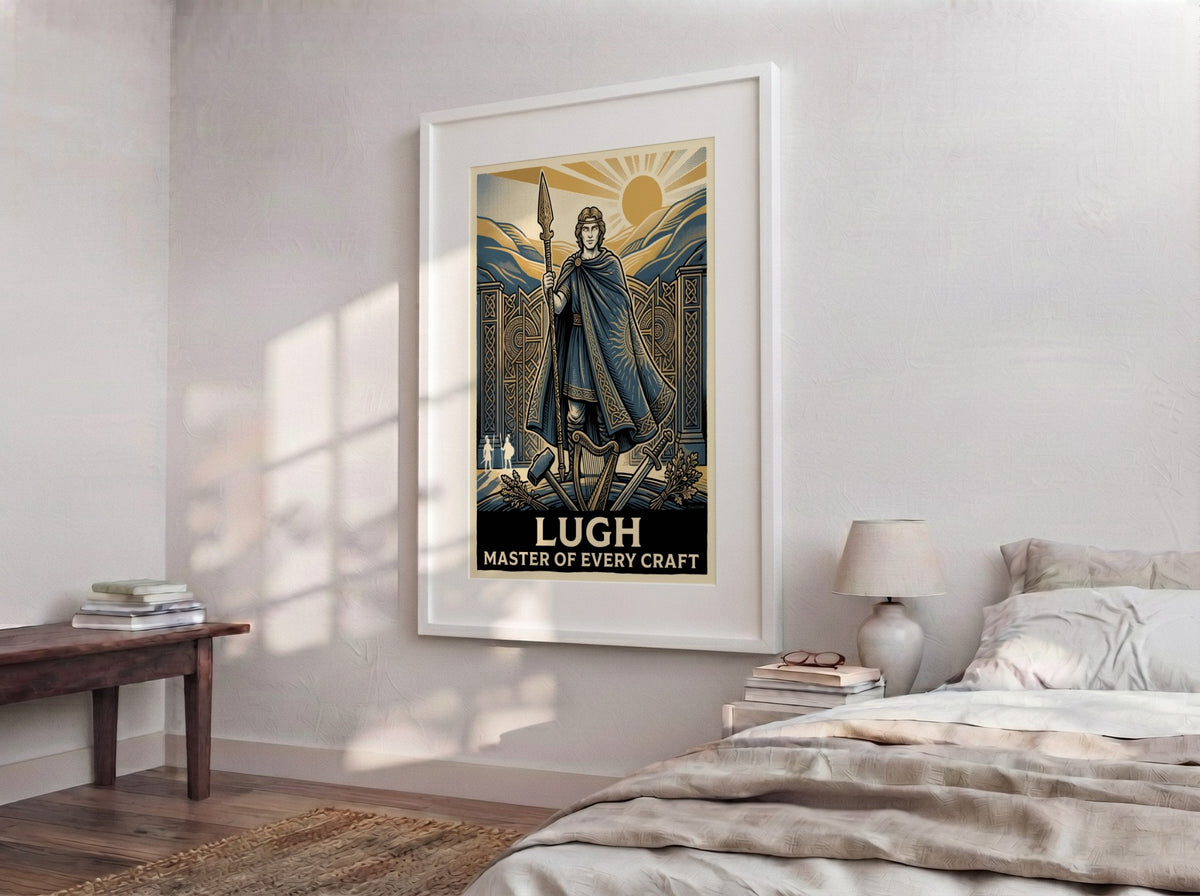 Poster of Lugh the Irish mythological hero holding a spear with golden sun background
