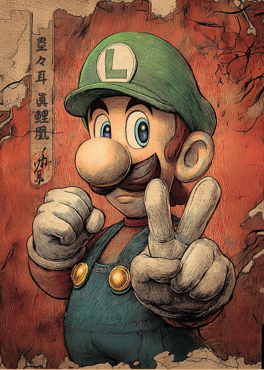 Luigi, giving a peace sign against a textured orange background.