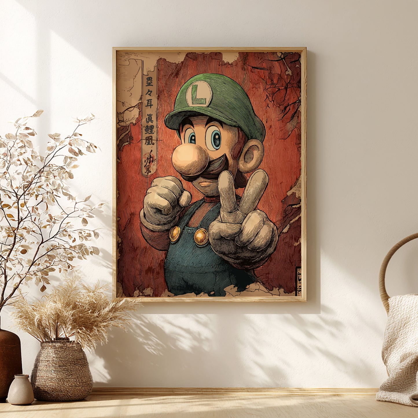 Framed artwork of a stylized Luigi character with a peace sign gesture on a wall.