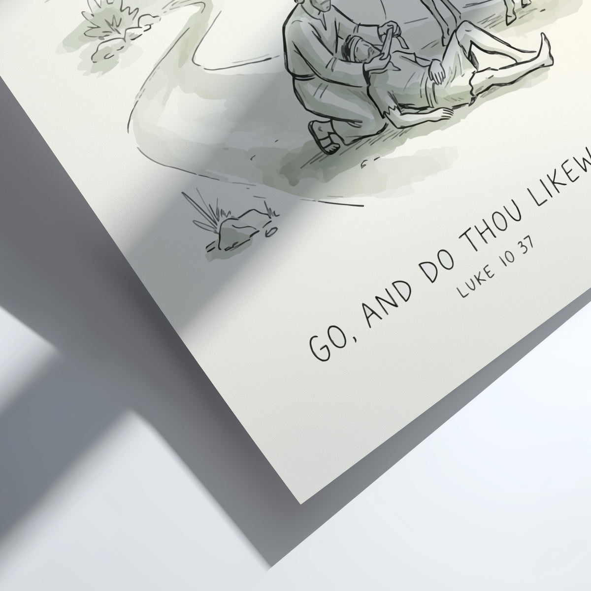 Poster featuring a sketch of the Good Samaritan with the quote Go and Do Thou Likewise.