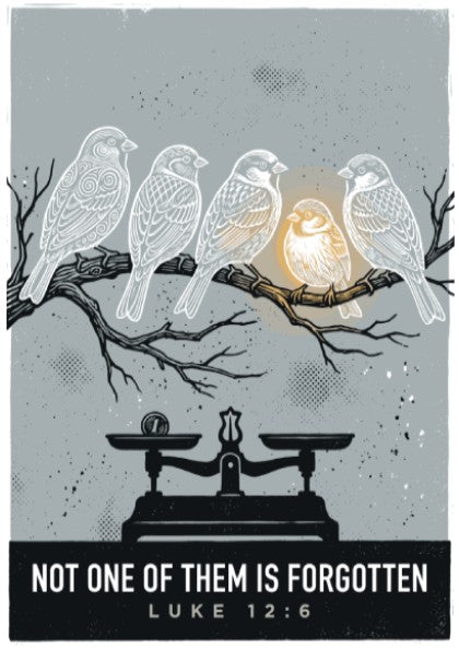 Poster featuring five sparrows on a branch with a scale and inspirational text.