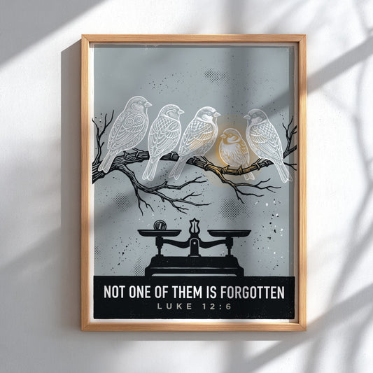 Poster featuring five sparrows on a branch with a scale and inspirational text.