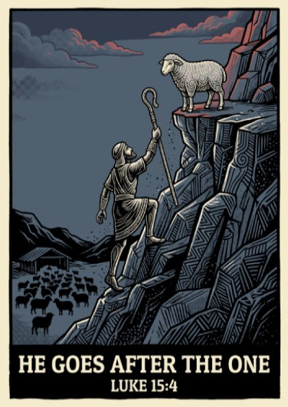 Poster featuring a shepherd climbing a mountain to reach a lost sheep illustration