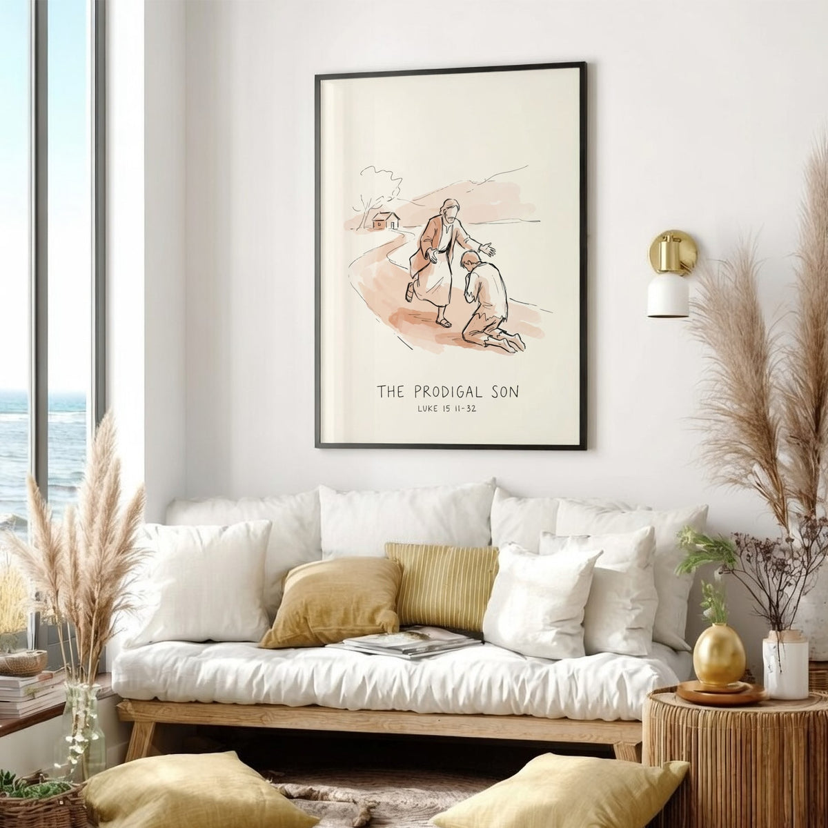 Poster featuring The Prodigal Son illustration with soft watercolor tones and simple minimalist lines.
