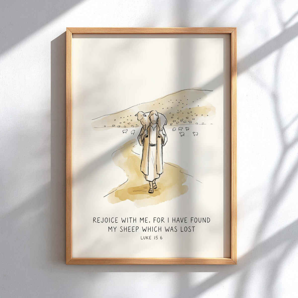 Poster featuring a shepherd carrying a lost sheep with the text Rejoice With Me