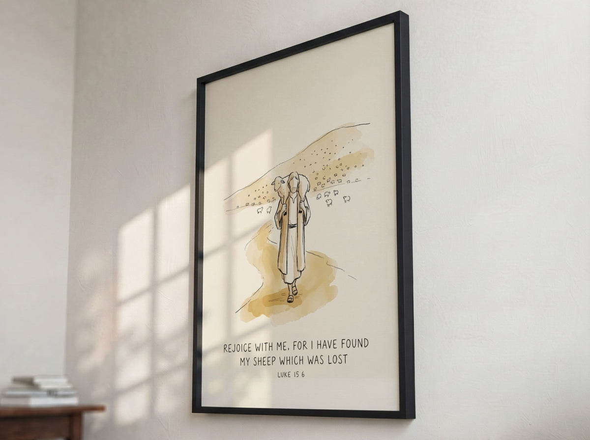 Poster featuring a shepherd carrying a lost sheep with the text Rejoice With Me