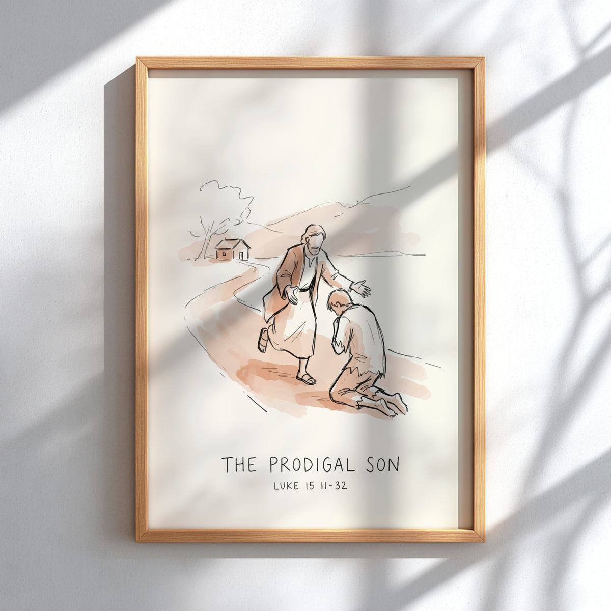 Poster featuring The Prodigal Son illustration with soft watercolor tones and simple minimalist lines.